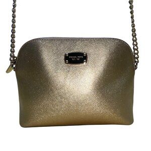 Michael Kors Metallic Gold  Tone Chain Strap & Logo Plate Crossbody Bag Sz M